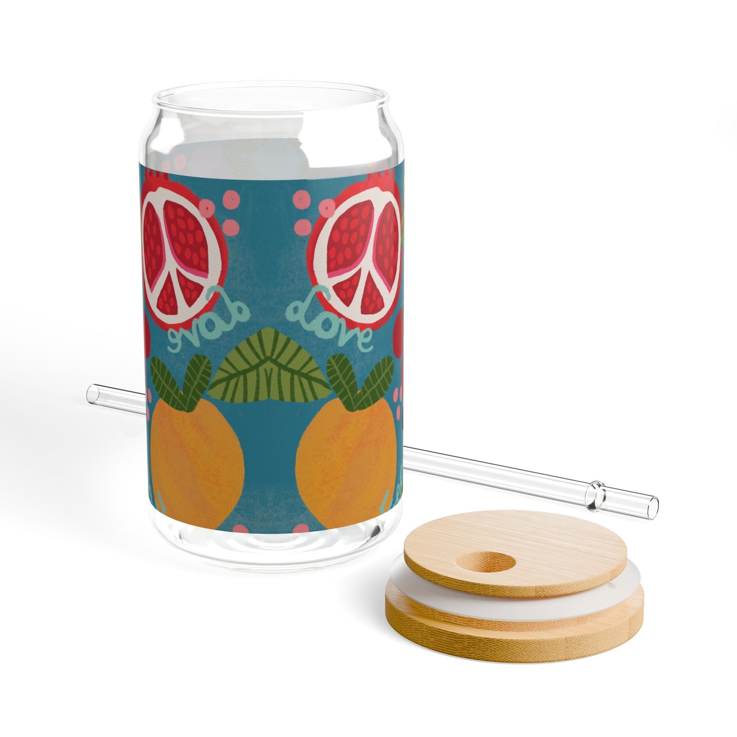 Colorful Peace-Themed Sipper Glass, 16oz | Vibrant Fruit Design, Eco-Friendly Drinkware, Perfect for Summer Parties, Festivals & Gifts