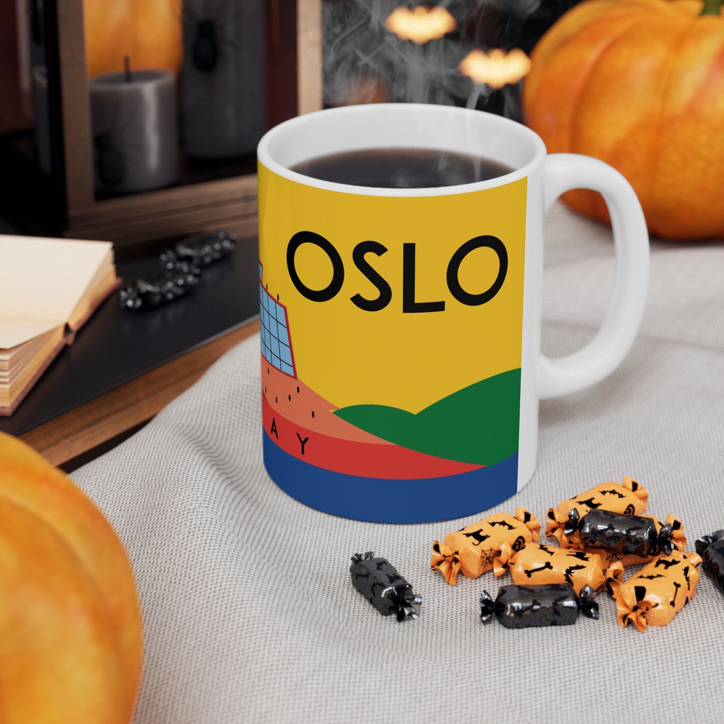 OSLO Mug for Coffee Lovers, Fun Ceramic Cup, Great for Birthdays, Housewarming, Gift for Travelers, Bright Kitchen Decor