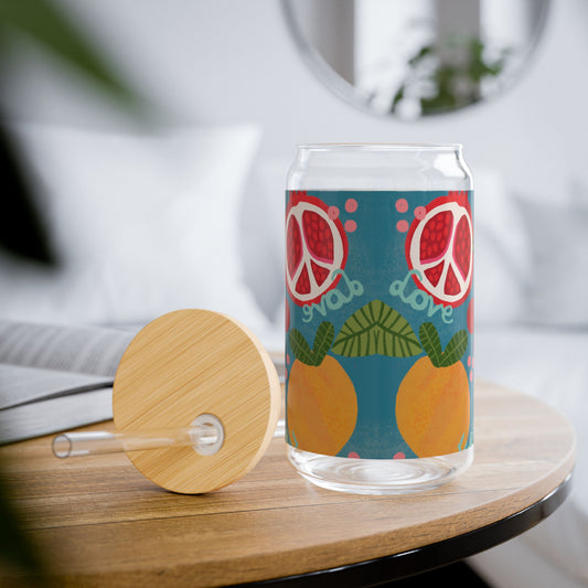 Colorful Peace-Themed Sipper Glass, 16oz | Vibrant Fruit Design, Eco-Friendly Drinkware, Perfect for Summer Parties, Festivals & Gifts